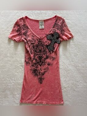 Y2K Grunge Vocal Pink Black Rhinestone Cross Small Ribbed Tee